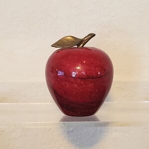 Vintage Red Polished Marble Apple Paperweight With Brass Stem